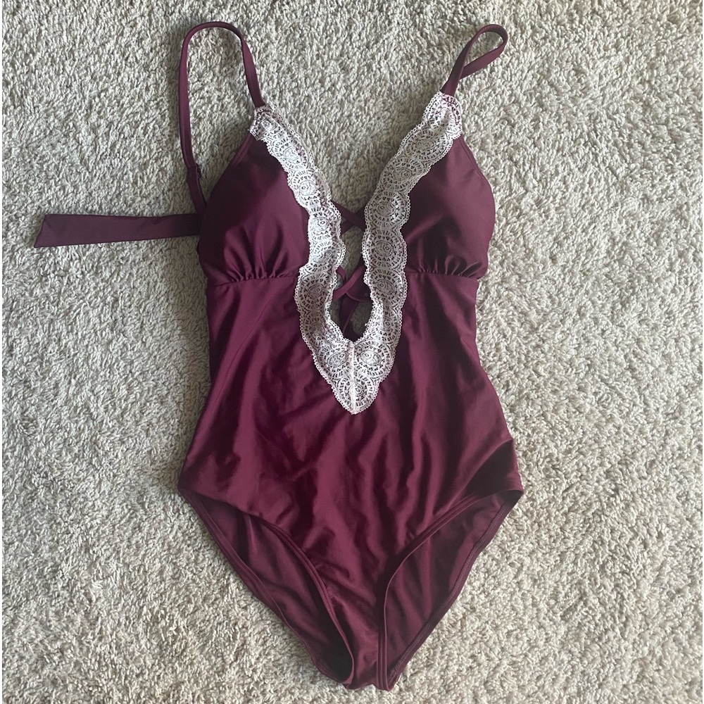 Burgundy lace one piece swimsuit - Picture 1 of 5